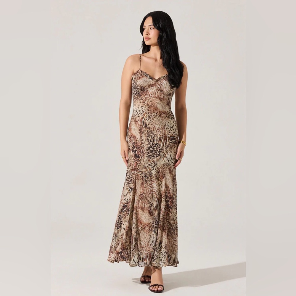 ASTR Maeryn Ruffle Maxi Dress Leopard Taupe Brown Satin Slip NWT Small